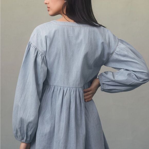 By Anthropologie Long-Sleeve Square-Neck
Denim Babydoll Mini Dress |Size: Medium - Picture 4 of 7